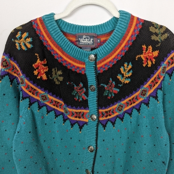 Woolrich sz.M Vintage 90s Grandma Cardigan Sweater Button Up Fair Isle Nordic - Picture 3 of 13